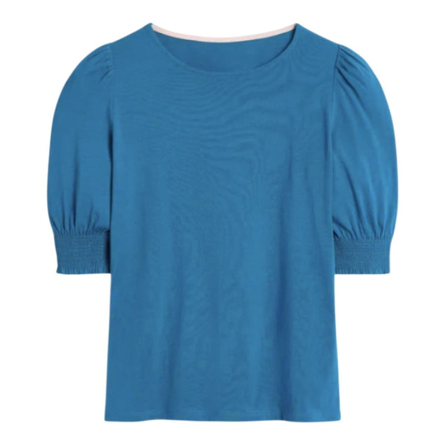 Boden Blue Puff Sleeve T-Shirt Cotton Smocked Cuff Casual Summer - Quality Brands Outlet