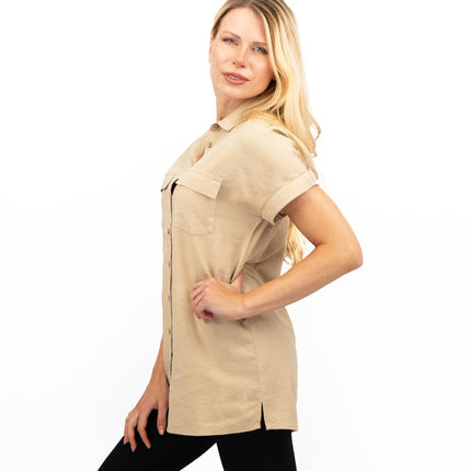 Womens Linen Tunic Beige Short Sleeve Shirts-Quality Brands Outlet-