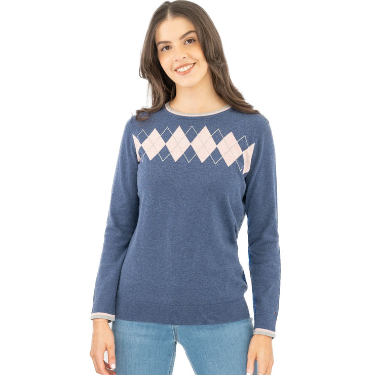 Lucy Argyle Blue Jumper Diamond Intarsia Long Sleeve Tops - Quality Brands Outlet