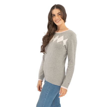 Lucy Argyle Jumper Grey Diamond Intarsia Long Sleeve Tops-Quality Brands Outlet-