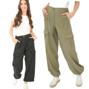 M&S Per Una Cargo Trousers Linen Lyocell Blend Khaki Green Wide Leg with Drawstring - Quality Brands Outlet