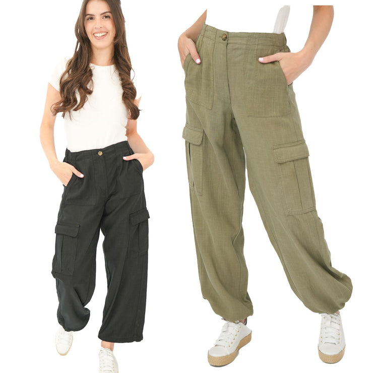 M&S Per Una Cargo Trousers Linen Lyocell Blend Khaki Green Wide Leg with Drawstring - Quality Brands Outlet