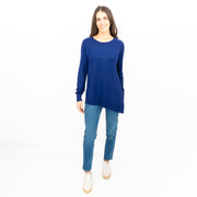 Evans Womens Asymmetric Top Blue Longline Crew Neck Long Sleeve Relaxed Fit - Quality Brands Outlet