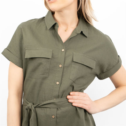 Khaki Green Short Sleeve Longline Shirts Utility Style Women's Tops-Quality Brands Outlet-