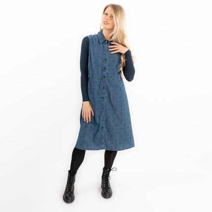 Blue Denim Shirt Dress Sleeveless Collar Button Through Women's Midi Dress-Quality Brands Outlet-