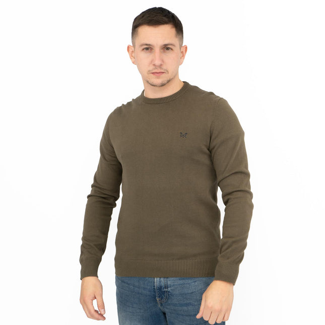 Crew Clothing Mens Knitted Jumper Long Sleeve Khaki Green-Quality Brands Outlet-
