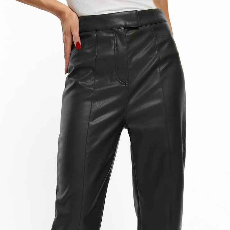 River Island Faux Leather Straight Leg Trousers Black - Quality Brands Outlet