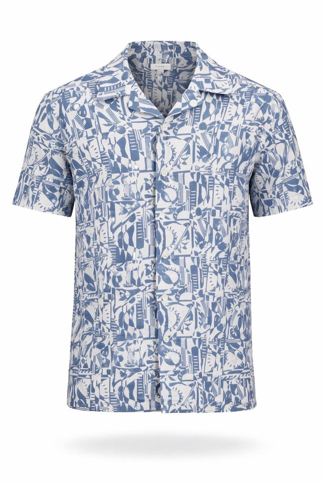 Reiss Abstract Print Blue Shirt Camp Collar Short Sleeve Summer Resort - Quality Brands Outlet