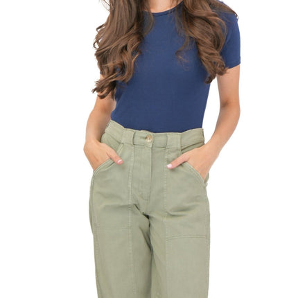 M&S Khaki Straight Leg Trousers Stretch Cotton Rich Relaxed Utility - Quality Brands Outlet