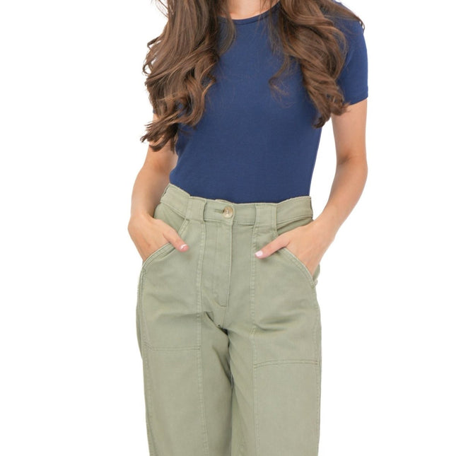 M&S Khaki Straight Leg Trousers Stretch Cotton Rich Relaxed Utility - Quality Brands Outlet