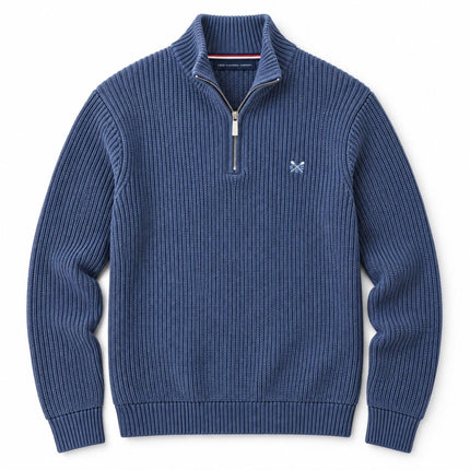 Mens Jumper Fisherman Rib Quarter-Zip – Mid Blue-Quality Brands Outlet-