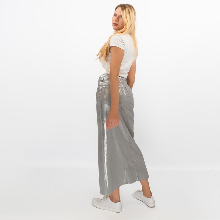 M&S Silver Denim Foil Shimmer Metallic Maxi Skirt Split - Quality Brands Outlet