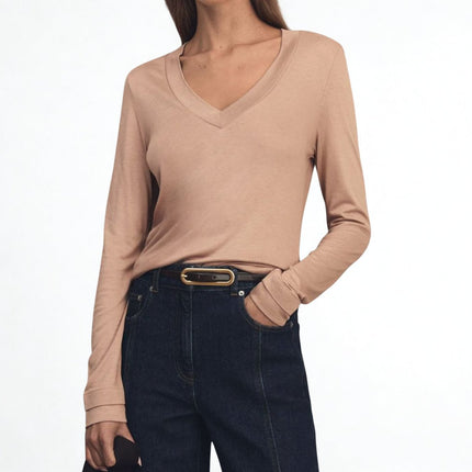 Brady V-Neck Tops Camel Beige Long Sleeve-Quality Brands Outlet-