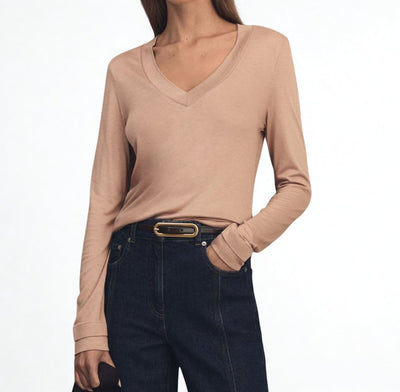 Brady V - Neck Tops Camel Beige Long Sleeve - Quality Brands Outlet
