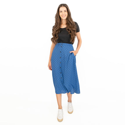 Joules Tallulah Blue Midi Skirt Black Polka Dots with Side Pockets-Quality Brands Outlet-