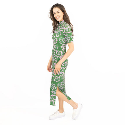 Nasty Gal Green Floral High Neck Short Sleeve Midi Dress-Quality Brands Outlet-