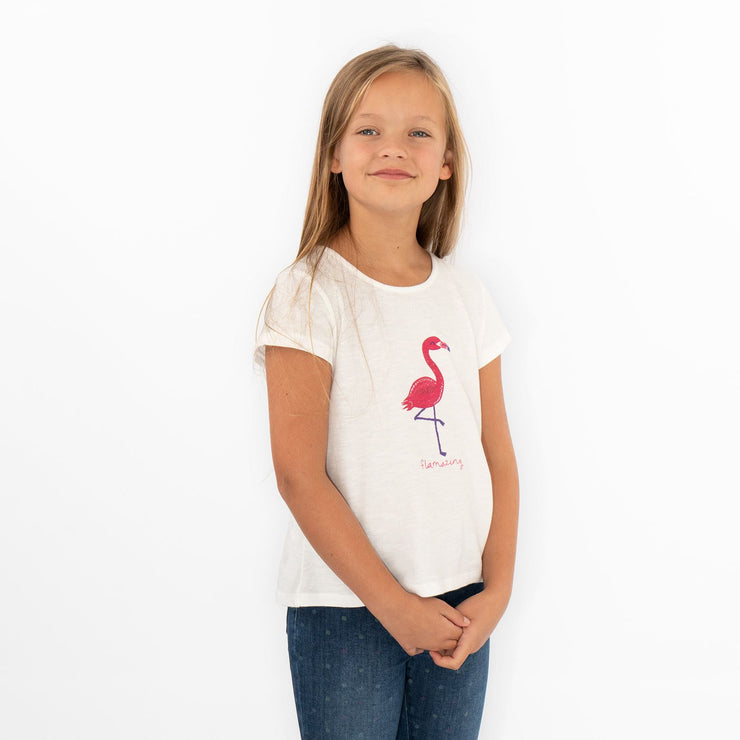 Girls Flamingo White T-Shirt Short Sleeve Tops