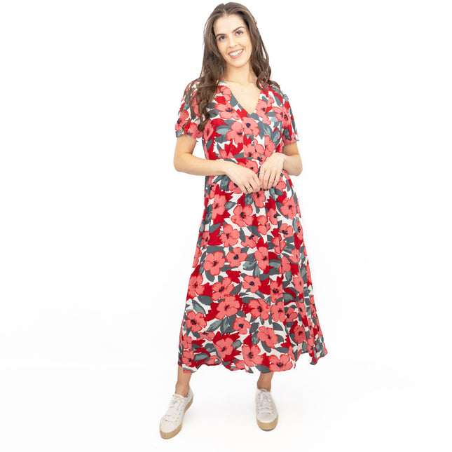 Seasalt Pink Birch Leaf Floral Short Sleeve Midi Dress-Quality Brands Outlet-