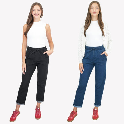 M&S Elasticated Waist Denim Crop Jeans Jogger Black-Quality Brands Outlet-