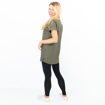 Womens Linen Tunic Khaki Green Short Sleeve Shirts-Quality Brands Outlet-