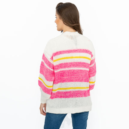 Joules Womens Cardigan Pink White Slouchy Stripe Supersoft Chunky Knit