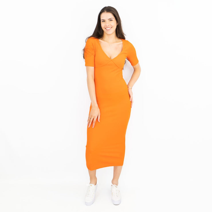 Karen Millen Orange Ribbed Short Sleeve V-Neck Stretchy Bodycon Midi Dresses
