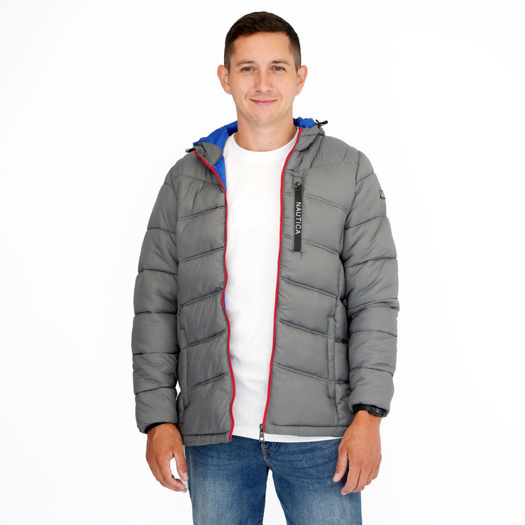 Nautica Mens Performance N83 Hooded Puffer Jacket Grey