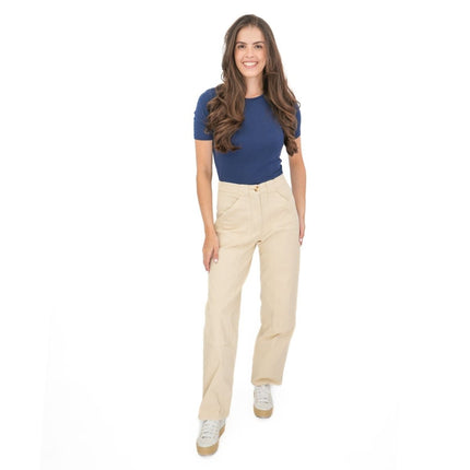 M&S Cream Straight Leg Trousers Stretch Cotton Rich Relaxed Utility - Quality Brands Outlet