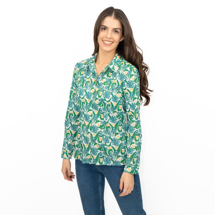 Seasalt Larissa Shirt Top Green Cotton Woodland Garlic Chalk Print - Quality Brands Outlet