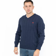 Crew Clothing Mens Jumper Navy V-Neck Ribbed Long Sleeve Organic Cotton