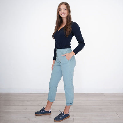 M&S Cotton Rich Tapered Ankle Grazer Chinos Aqua Blue-Quality Brands Outlet-