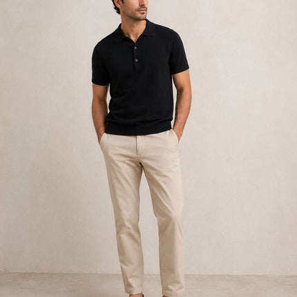 Massimo Dutti Men Classic Knitted Linen Blend Polo Shirt 3 Button Black