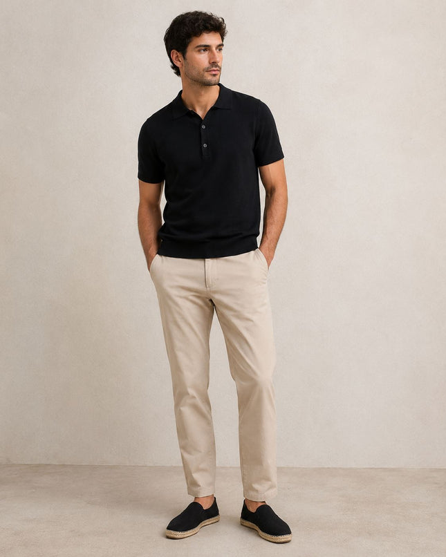 Massimo Dutti Men Classic Knitted Linen Blend Polo Shirt 3 Button Black
