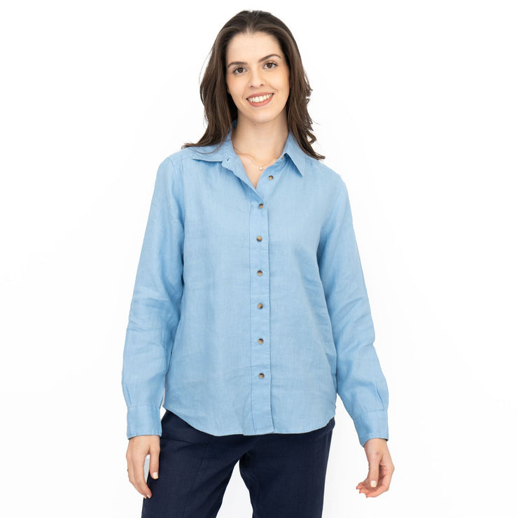 M&S Womens Mid Blue Pure Linen Collared Blouse