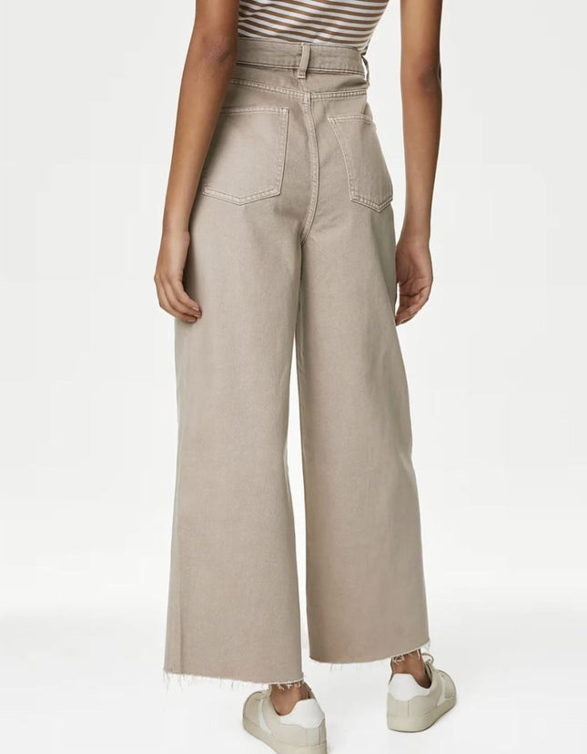 M&S Cropped Jean Wide Leg High Waist Raw Hem Cotton Stone - Quality Brands Outlet