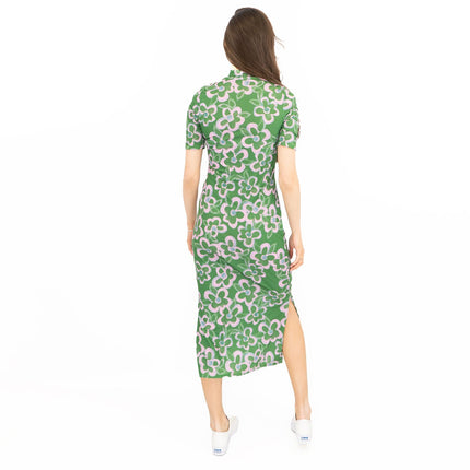 Nasty Gal Green Floral High Neck Short Sleeve Midi Dress-Quality Brands Outlet-