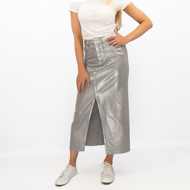 M&S Silver Denim Foil Shimmer Metallic Maxi Skirt Split - Quality Brands Outlet