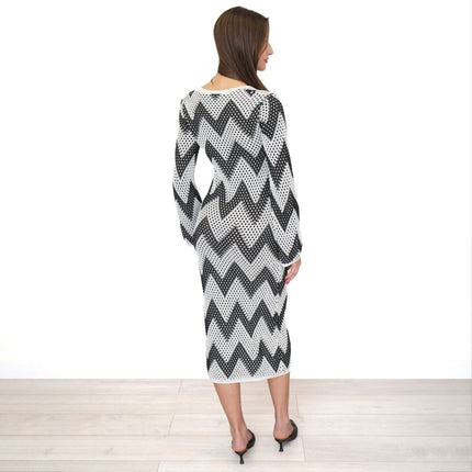 M&S Black White Crochet Chevron Midi Dress-Quality Brands Outlet-