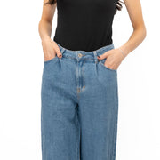 M&S Linen Blend Denim Wide Leg Blue Jeans