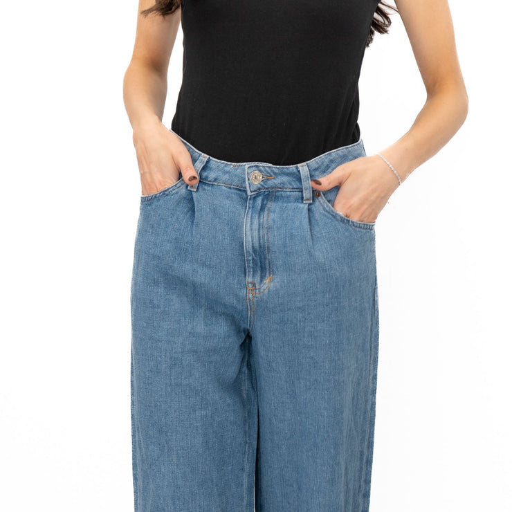 M&S Linen Blend Denim Wide Leg Blue Jeans