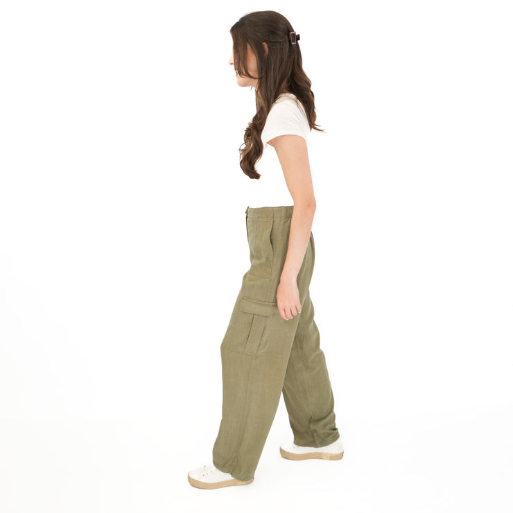 M&S Per Una Cargo Trousers Linen Lyocell Blend Khaki Green Wide Leg with Drawstring - Quality Brands Outlet
