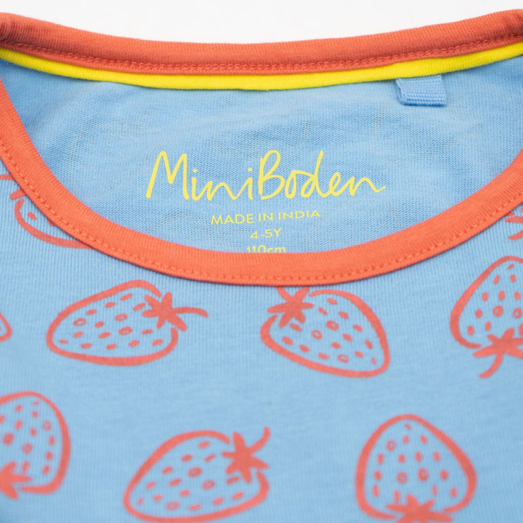 Mini Boden Girls Blue Strawberry Print Cotton Jersey Short Sleeve Dresses