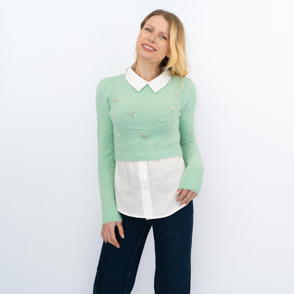 River Island Embellished Fluffy Hybrid Jumper Green Mock Shirt - Quality Brands Outlet