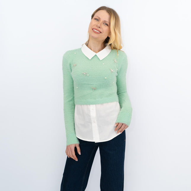 River Island Embellished Fluffy Hybrid Jumper Green Mock Shirt - Quality Brands Outlet