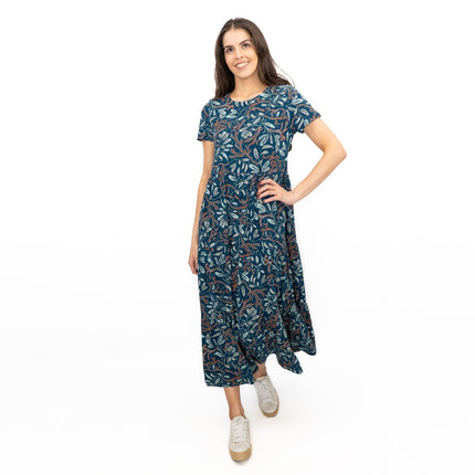 Seasalt Teal Green Line Strokes Floral Short Sleeve Midi Dress-Quality Brands Outlet-