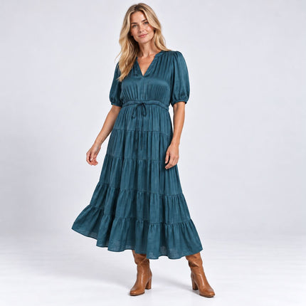 Womens Dress Long Sleeve Elle Tiered Satin Maxi Dress in Rich Teal Green-Quality Brands Outlet-