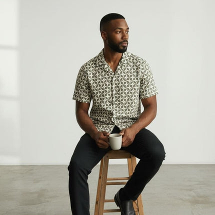 Mens Shirts Short Sleeve Olive Green Geo Print - Quality Brands Outlet