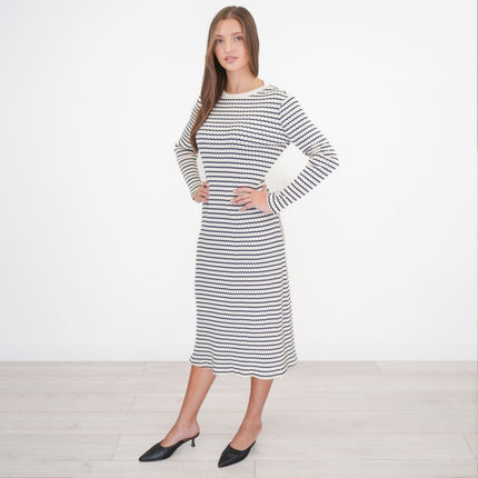 M&S Ecru Cream Striped Midi Dress-Quality Brands Outlet-