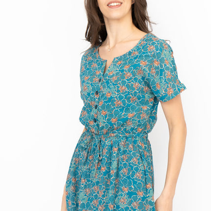 Seasalt Teal True Note Painted Rose Midi Dress-Quality Brands Outlet-