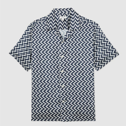 Mens Florida Chevron Print Shirt Cuban Collar Navy - Quality Brands Outlet